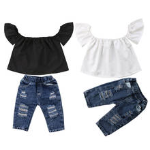 pudcoco Fashion Girls Summer Clothing Set Baby Girl Clothes Black Top Ruffles Shirt+Denim Hole Pant Children Outfits Street 2pcs 2024 - buy cheap