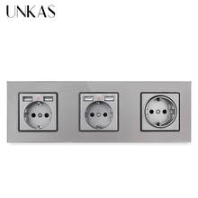 UNKAS-enchufe gris estándar de la UE, 3 entradas, Rusia, España, 4 puertos de carga USB, luz LED suave oculta, Panel de salida de vidrio templado 2024 - compra barato