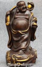 11" Chinese Bronze Gilt Bat Happy Laugh Maitreya Buddha Hold Ruyi Yaunbao Statue 2024 - buy cheap