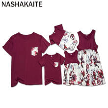 Nashakaite roupas de família combinando vinho floral impresso, camisetas de família, mãe e filha roupas seu look familiar mãe e filha 2024 - compre barato