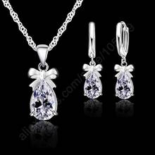 Hot Sale 925 Real Sterling Silver White Stone Cubic Zirconia Dangle Earring Pendant Necklace Woman Jewelry Sets 2024 - buy cheap