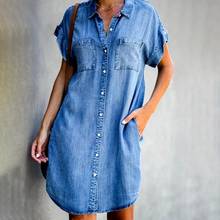 Summer Women Denim Dress Short Sleeve Button Up Simple Females Knee-Length Dress Solid Color Lapel Ladies Fahsion Lose Dress 2024 - buy cheap