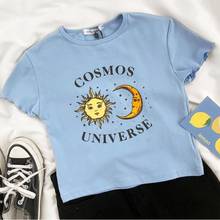Camiseta de manga corta para mujer, Camiseta ajustada con estampado de Luna y sol, elástica, Sexy, bonito, Azul, de verano 2024 - compra barato