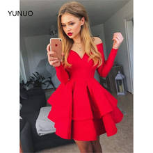 YUNUO V-образный вырез многоярусные красные атласные коктейльные официальные платья с длинным рукавом с открытыми плечами трапециевидные Короткие вечерние платья для выпускного вечера vestidos de cóctel 2024 - купить недорого