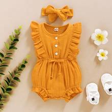 Baby Kids Girls Romper Sleeveless Cotton Linen Ruffle Button Bowknot Romper Jumpsuit Solid Headband Set Baby Girl Clothes 2022 2024 - buy cheap