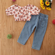 Tops cortos de manga corta con hombros descubiertos para bebé, Camisa + Jeans, estampado de flores, diseño rasgado, ropa de verano 1-6T, 2021 2024 - compra barato