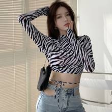 Spring ZebraPrint  Women T Shirt Long Sleeve Tees Tops Backless Skinny Sexy Crop Top Turtleneck Tshirt Lace Up  Y2K Tops 2024 - buy cheap