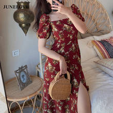 JuneLove-vestido bohemio Vintage con estampado Floral para mujer, elegante vestido Midi de manga corta con cordón y cuello cuadrado dividido 2024 - compra barato