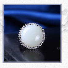 Кольцо из стерлингового серебра S925 пробы с инкрустированным натуральным нефритом, белое нефритовое кольцо, круглое кольцо, роскошное кольцо с алмазным отверстием, регулируемое 2024 - купить недорого