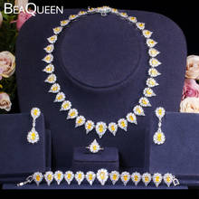 Beaqueen conjunto de joias para casamento, 4 peças, brilhante, amarelo, zircônia cúbica, joias com destaque para damas de honra, js041 2024 - compre barato