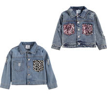 1-6Y Fashion Kids Baby Girl Leopard Sequins Pocket Turn Down Collar Ripped Denim Jacket Coat Outwear Autumn Clothes 2024 - buy cheap