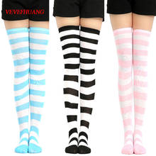 VEVEFHUANG Pair New Women Girls Over Knee Long Stripe Printed Thigh High Striped Patterned Socks Colors Sweet Cute Warm Wholesal 2024 - buy cheap