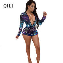 QILI Sexy V-neck Sequined Rompers Women Playsuits Colorful Sequin Long Sleeve Elegant Jumpsuit Womens Short Romper 2024 - buy cheap