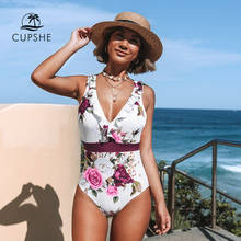 CUPSHE белый цветочный гофрированный Цельный купальник с v-образным вырезом, сексуальный женский монокини с перекрестной спинкой, 2021, пляжный купальный костюм для девочек 2024 - купить недорого