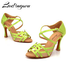 Ladingwu Dance Shoes Women Salsa Shoes Dance Light Green Satin Latin Dance Shoes Geometric patterns Design Soft Bottom 2024 - buy cheap
