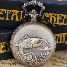 Engraved Fish Design Quartz Pocket Watch Clock Fish Tail Necklace Pendant Antique Watches Gifts for Men Women 2024 - buy cheap