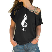 Camiseta feminina com estampa de música e gato, camiseta irregular, presente para amantes, tops, punk, skew, pescoço, cruz, solta, camisetas 2024 - compre barato