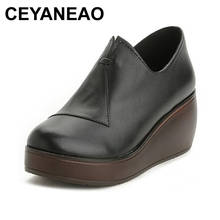 CEYANEAOSpring Platform Pumps Women Shoes Medium Heels Round Head Cowhide Shallow Mouth Women Wedge Shoes 2024 - buy cheap