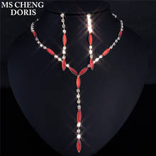 New Fashion Wedding Leaf Crystal Jewelry Sets for Women Red Color Long Drop Necklace Earrings African Jewelry Sets Bijoux 2024 - buy cheap