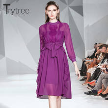 Trytree Autumn Winter Casual Women Dress O-neck Embroidery Belt Fashion Elegant Solid 2 Colour Office Lady Knee-Length Dress 2024 - buy cheap