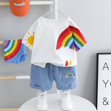 Summer Baby Girls Short Sleeve Rainbow Sun Print T-shirt Tops + Denim Jeans Shorts Kids Clothing Sets Children Boys 2Pcs Suits 2024 - buy cheap