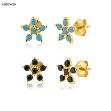 ANDYWEN-pendientes de plata de ley 925 para mujer, Piercing con cinco flores de circonita, color negro turquesa, joyería de lujo, Rock Punk 2024 - compra barato