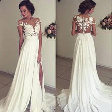 Beach Vestido De Noiva Wedding Dresses A-line Cap Sleeves Chiffon Lace Slit Dubai Arabic Boho Wedding Gown Bridal Dresses 2024 - buy cheap