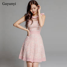 Корейская версия простое сексуальное кружевное платье 2020 летнее розовое платье без рукавов с высокой талией и круглым вырезом, Сетчатое платье трапециевидной формы, элегантное вечернее платье 2024 - купить недорого
