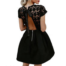 Sexy Backless Women Dress Summer Short Sleeve Lace Stitching Mini Dress All Black Hollow Out Ladies Evening Party Dresses D30 2024 - buy cheap