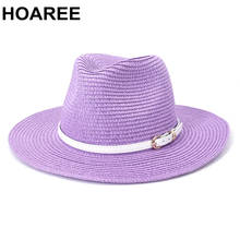 Hoaree roxo panamá chapéu de palha chapéu feminino chapéu de verão cinto decore sunhat chapeau sol proteger sombrero 2024 - compre barato