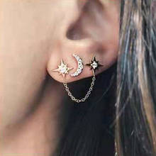 2Pcs/Set Moon Double Star Chain Stud Earrings For Women Rhinestone 3 Ear Holes golden/sliver Earring Jewelry Orecchini 2024 - buy cheap