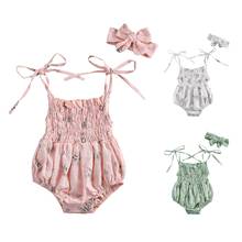 2021 New Summer 0-18M Toddler Baby Girl 2Pcs Set Floral Print Shirring Bows Spaghetti Strap Sleeveless Bodysuit+Headband 3 Color 2024 - buy cheap
