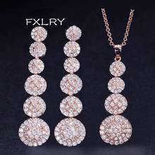 FXLRY Hot Sale Rose Gold Color Micro Pave Cubic Zirconia Stones Round Long Drop Necklace Earrings Jewelry Sets For Women 2024 - buy cheap