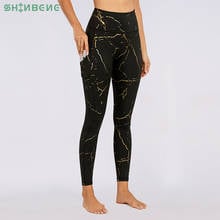 Shinbene ouro mármore bolso calças de yoga ginásio fitness legging mulheres cintura alta agachamento prova esporte workout collants com bolso XS-XL 2024 - compre barato