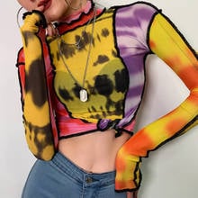 2019 Women Fashion Mesh Sexy Tops Long Sleeve High Neck Pattern Colorful Club T shirt kz752 2024 - buy cheap