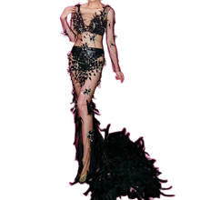 Vestidos largos de plumas negras con diamantes de imitación brillantes, perspectiva de malla, vestido de mujer para discoteca, Bar, baile, escenario, ropa de fiesta 2024 - compra barato