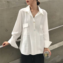 Apoios blusas femininas de cor sólida 2020, blusas simples de escritório para mulheres com gola virada para baixo e botões na primavera 2024 - compre barato