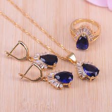 earrings-rings-necklace-pendant jewelry set gold color jewelry blue crystal white CZ pear square jewelry set for  women 2024 - buy cheap