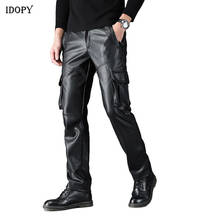 Idopy Men`s Faux Leather Cargo Pants Military Style Multi Pockets Elastic Waist Army Tactical PU Soft Leather Trousers Plus Size 2024 - buy cheap