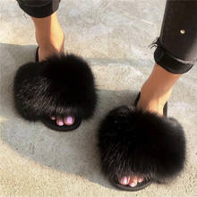 Women's Fox Fur Slippers Female House Fluffy Fur Slides Plush Furry Shoes Girl's Cute Flip Flops Ladies Sandals Large Size 36-45 2024 - buy cheap