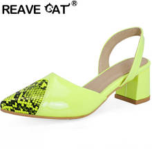 REAVE CAT New 2021 Women Sandals Pointed Toe 5cm Blcok High Heels Patent Leather Snake-Skin Slip-On Big Size 50 Casual A3728 2024 - buy cheap