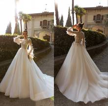 2020 Bohemian Wedding Dresses Jewel Neck Lace Appliques Feather Boho Wedding Dress Long Sleeves A Line Robe De Mariee 2024 - buy cheap