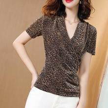 Women Spring Summer Style Lace Blouses Shirts lady Casual Short Sleeve V-Neck High elastic Leopard Lace Blusas Tops DD8902 2024 - buy cheap