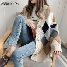 2020 Women Single Breasted Cardigan Sweaters Autumn Winter Casual Loose Plaid Puff Sleeve Knit Sweater Female V-Neck Korean Tops 2024 - buy cheap