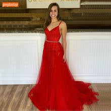 Sexy Red Evening Dress Long 2020 Spaghetti Strap Lace Appliqued Tulle A Line Evening Gowns Customized Women Party Formal Dresses 2024 - buy cheap