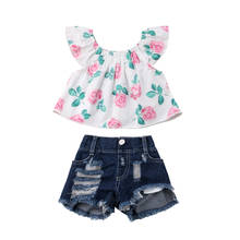 Nova menina criança conjuntos de roupas manga curta floral topo t camisa jeans shorts roupas verão casual sunsuit outfit 2024 - compre barato