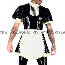 Sexy French Maid Latex Dress With Stripe And Puff  Short Sleeves Apron Zipper At Back Rubber Uniform Bodycon Playsuit LYQ-0181 2024 - buy cheap