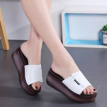 Summer women slippers genuine leather Open Toe middle heel shoes Women Wedges Slippers black white slides sandals ghn78 2024 - buy cheap