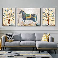 Pinturas de estilo chino para sala de estar y oficina, pósteres artísticos de lona para decoración moderna, ciervo, alce, caballo, elefante, pavo real, 3 uds. 2024 - compra barato