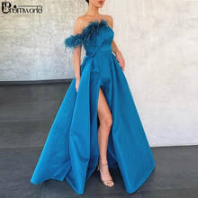 Elegant A Line Blue Satin Formal Evening Dresses 2022 Floor Length Side Slit Sexy Prom Gown with Feathers Robe De Soiree 2024 - buy cheap
